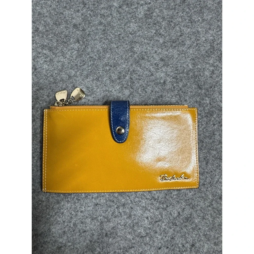 Bostanten Yellow And Blue Smooth Leather Wallet 12 Cards, 2 Zips,‎ Bill Pocket
